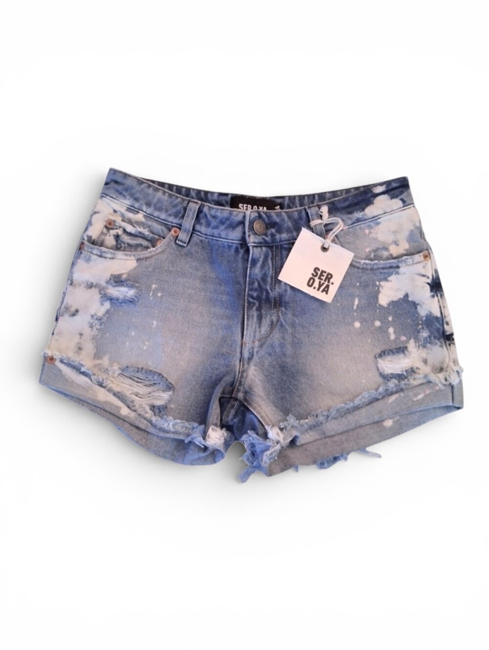 🆕️ SER.O.YA Lex Low-Rise Blue Distressed Painted Denim Shorts Womens Size 24